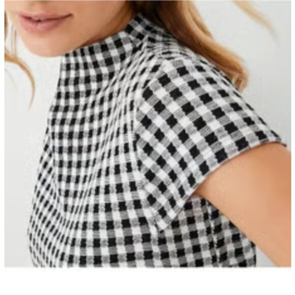 Ann Taylor Mock Neck Cap Sleeve Plaid Top (Black, Red & White) - Picture 5 of 5